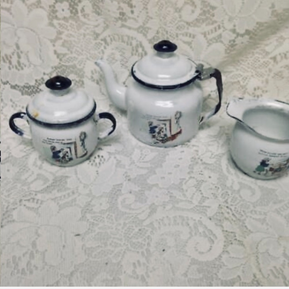 Antique, Rare, 17pc Nursery Rhyme, Enamelware Tea Set