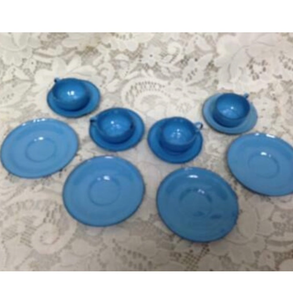 Vintage 12-pc French Blue Enamelware, Child’s Dinner-Tea Set for 4