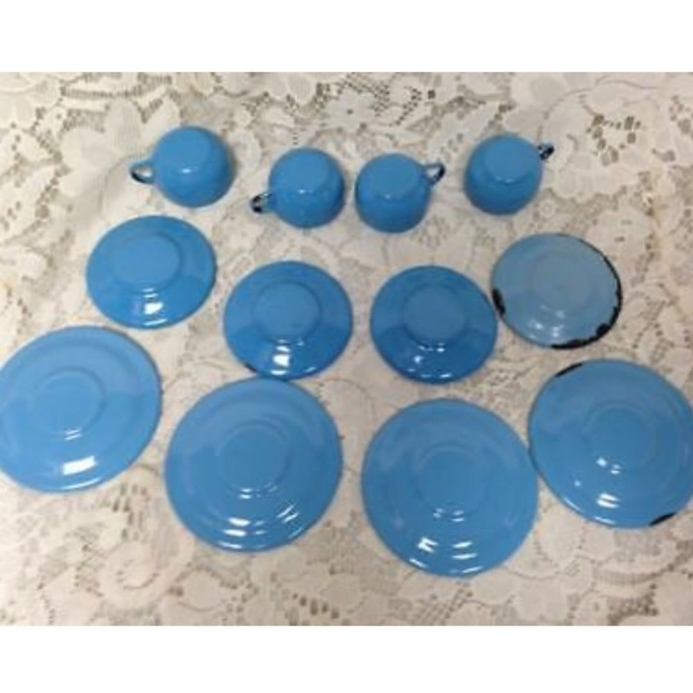 Vintage 12-pc French Blue Enamelware, Child’s Dinner-Tea Set for 4
