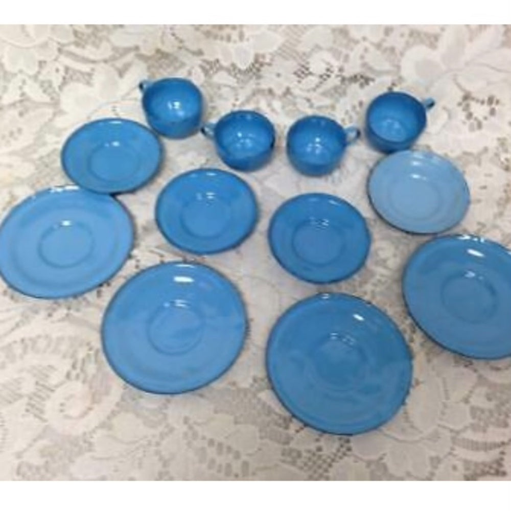 Vintage 12-pc French Blue Enamelware, Child’s Dinner-Tea Set for 4