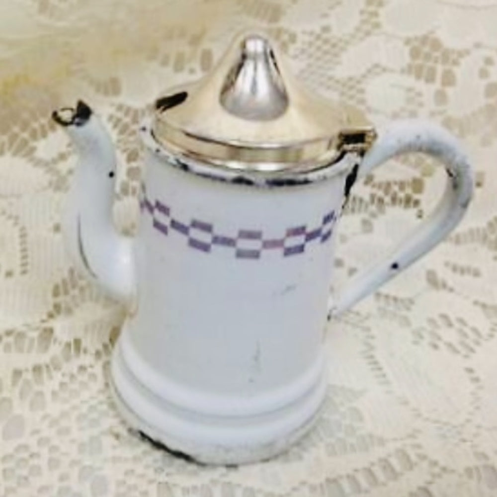 Vintage 8-pc White Enamelware with Purple Trim, Child’s Tea Set