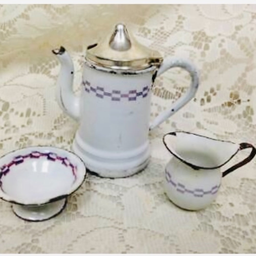 Vintage 8-pc White Enamelware with Purple Trim, Child’s Tea Set