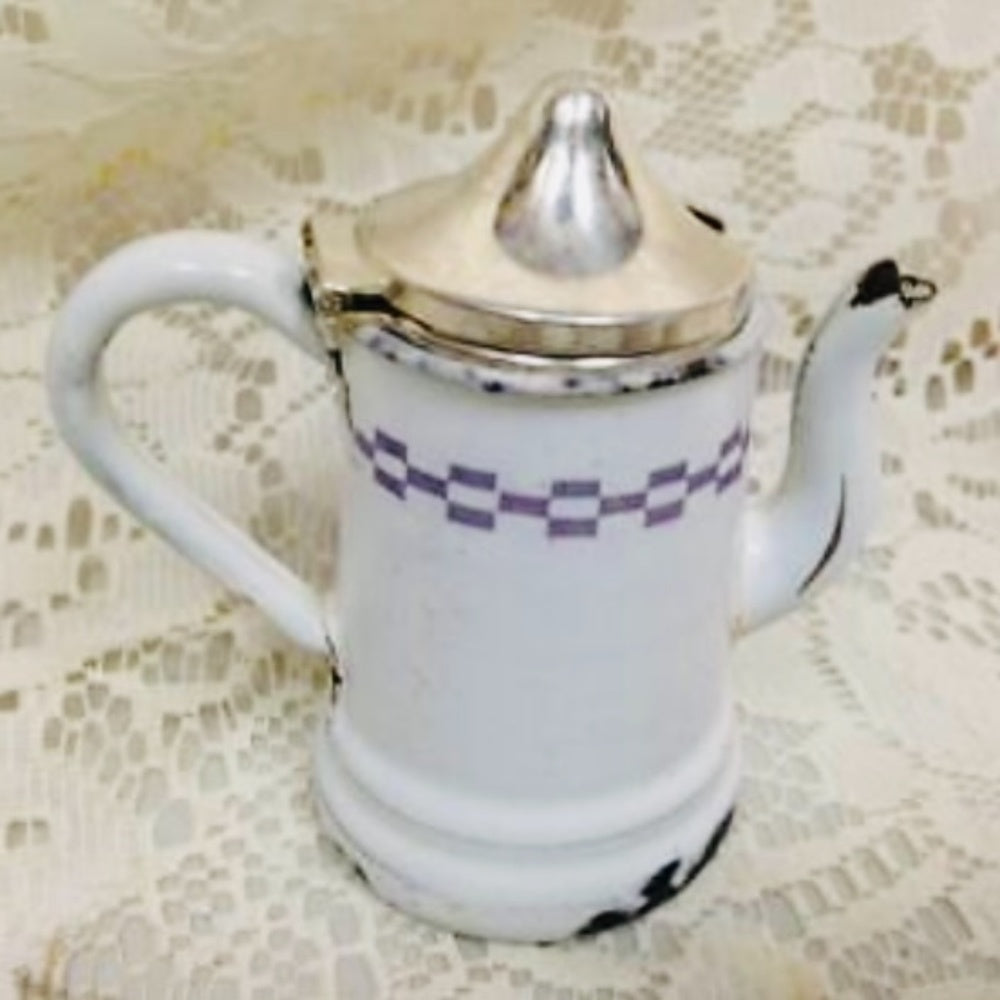 Vintage 8-pc White Enamelware with Purple Trim, Child’s Tea Set