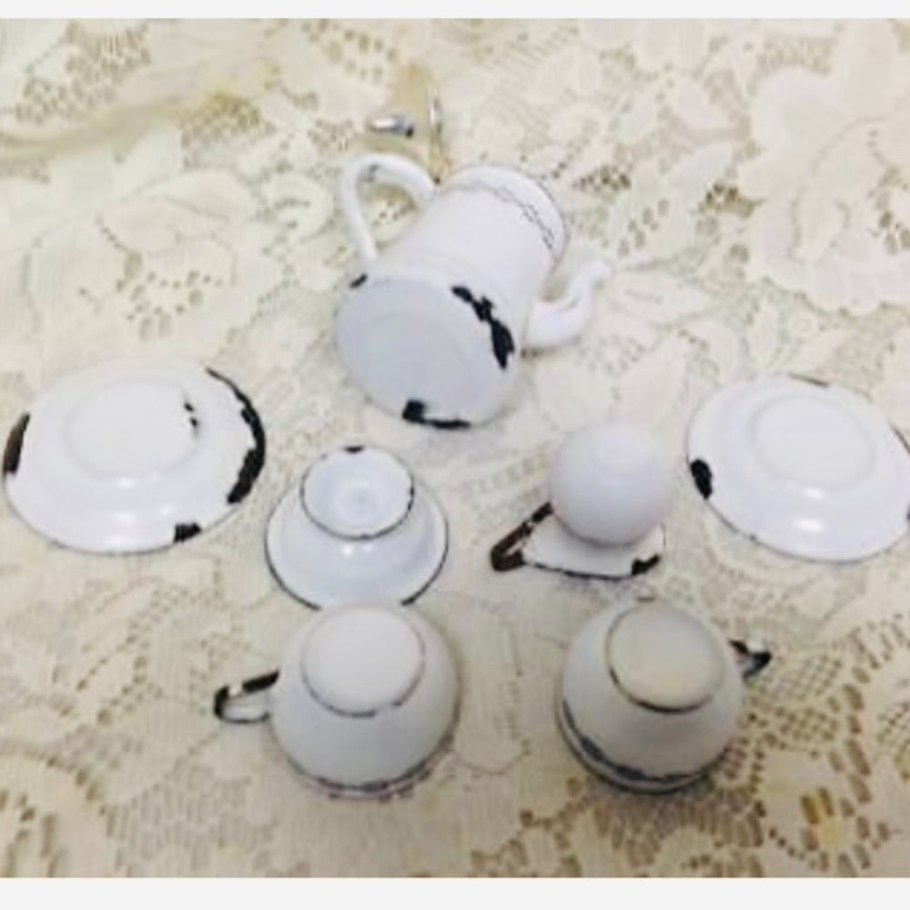 Vintage 8-pc White Enamelware with Purple Trim, Child’s Tea Set