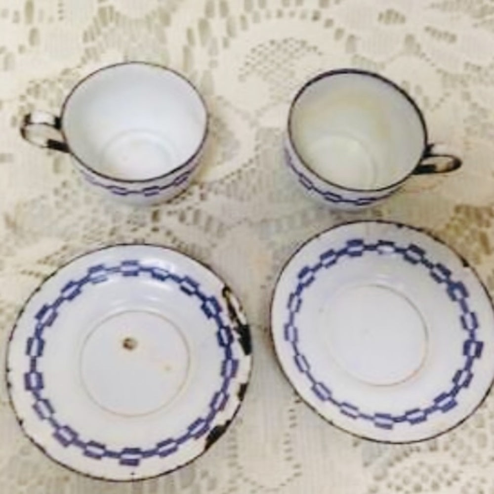Vintage 8-pc White Enamelware with Purple Trim, Child’s Tea Set
