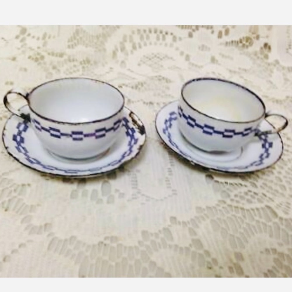Vintage 8-pc White Enamelware with Purple Trim, Child’s Tea Set