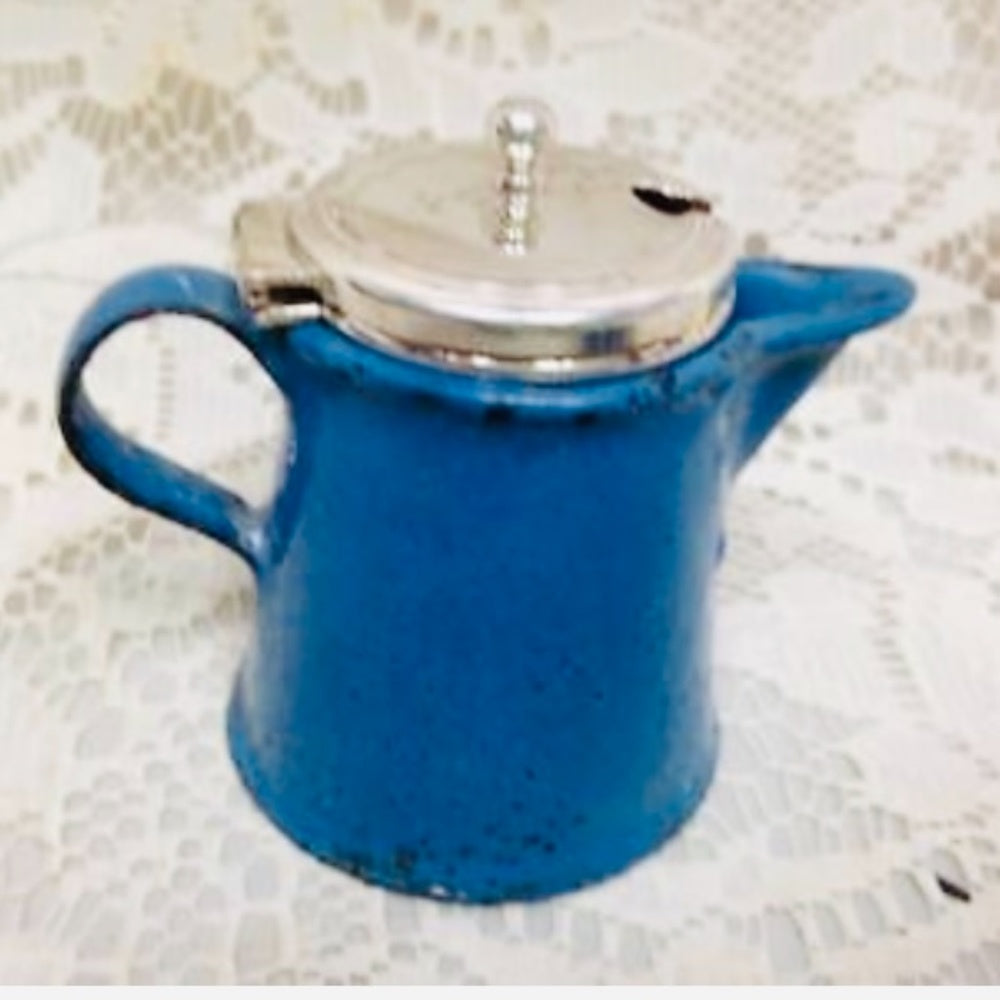 Vintage 8-pc French Blue Enamelware, Child’s Tea Set with Silver Lid