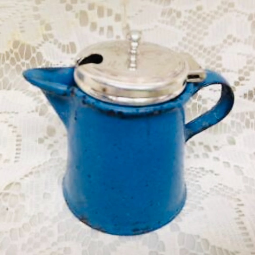 Vintage 8-pc French Blue Enamelware, Child’s Tea Set with Silver Lid