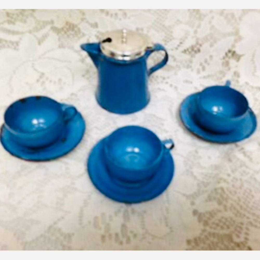 Vintage 8-pc French Blue Enamelware, Child’s Tea Set with Silver Lid
