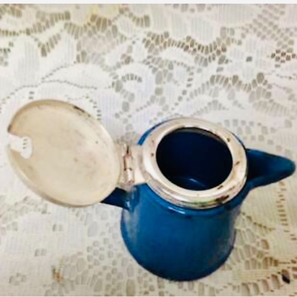 Vintage 8-pc French Blue Enamelware, Child’s Tea Set with Silver Lid
