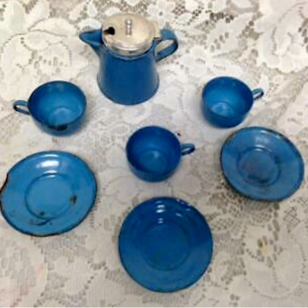 Vintage 8-pc French Blue Enamelware, Child’s Tea Set with Silver Lid