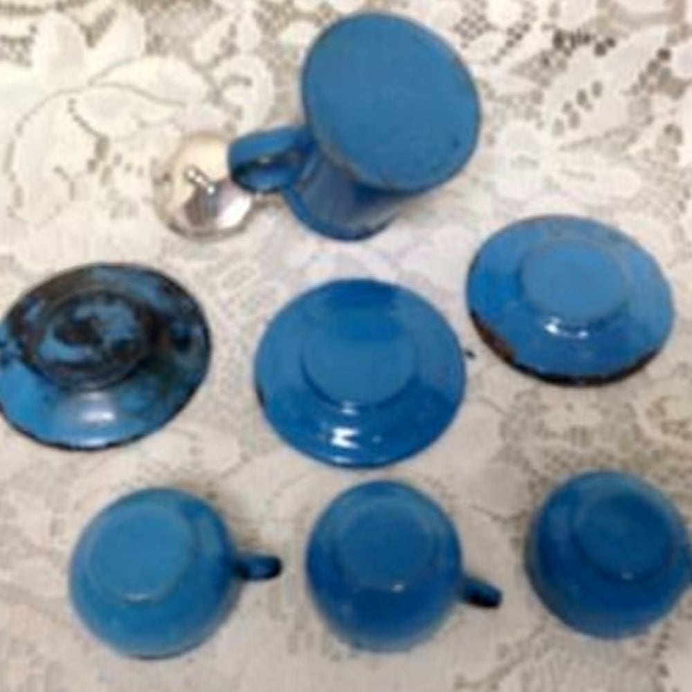 Vintage 8-pc French Blue Enamelware, Child’s Tea Set with Silver Lid