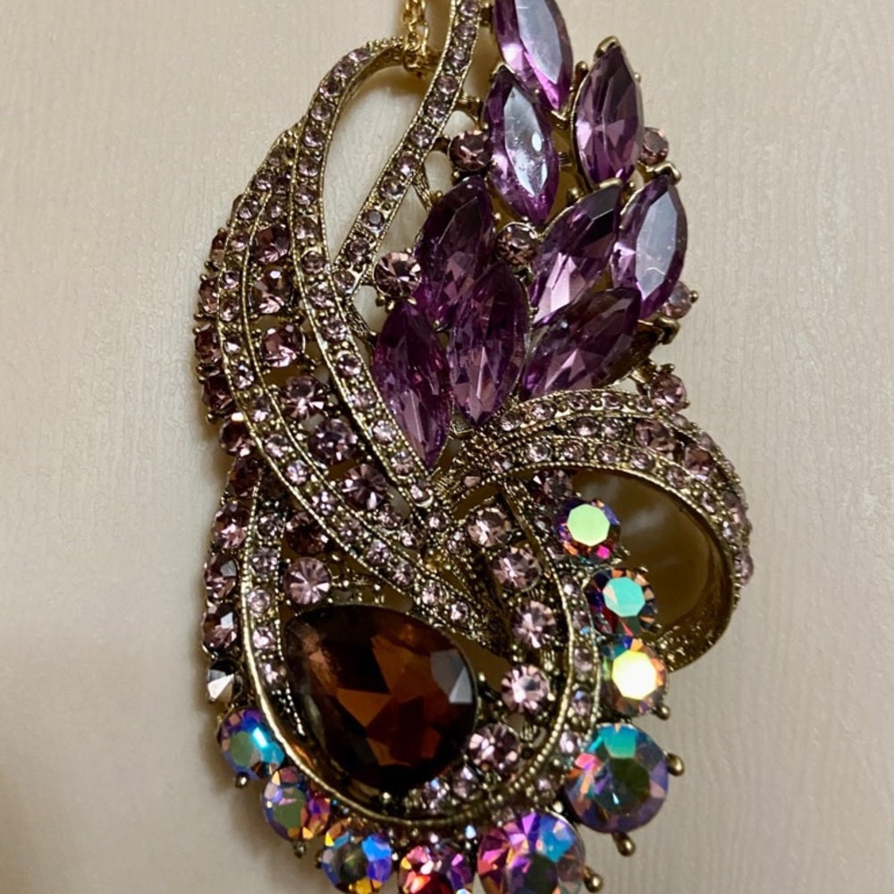Elegant Chunky 4inx .25in Purple Rhinestone Brooch-Pendant