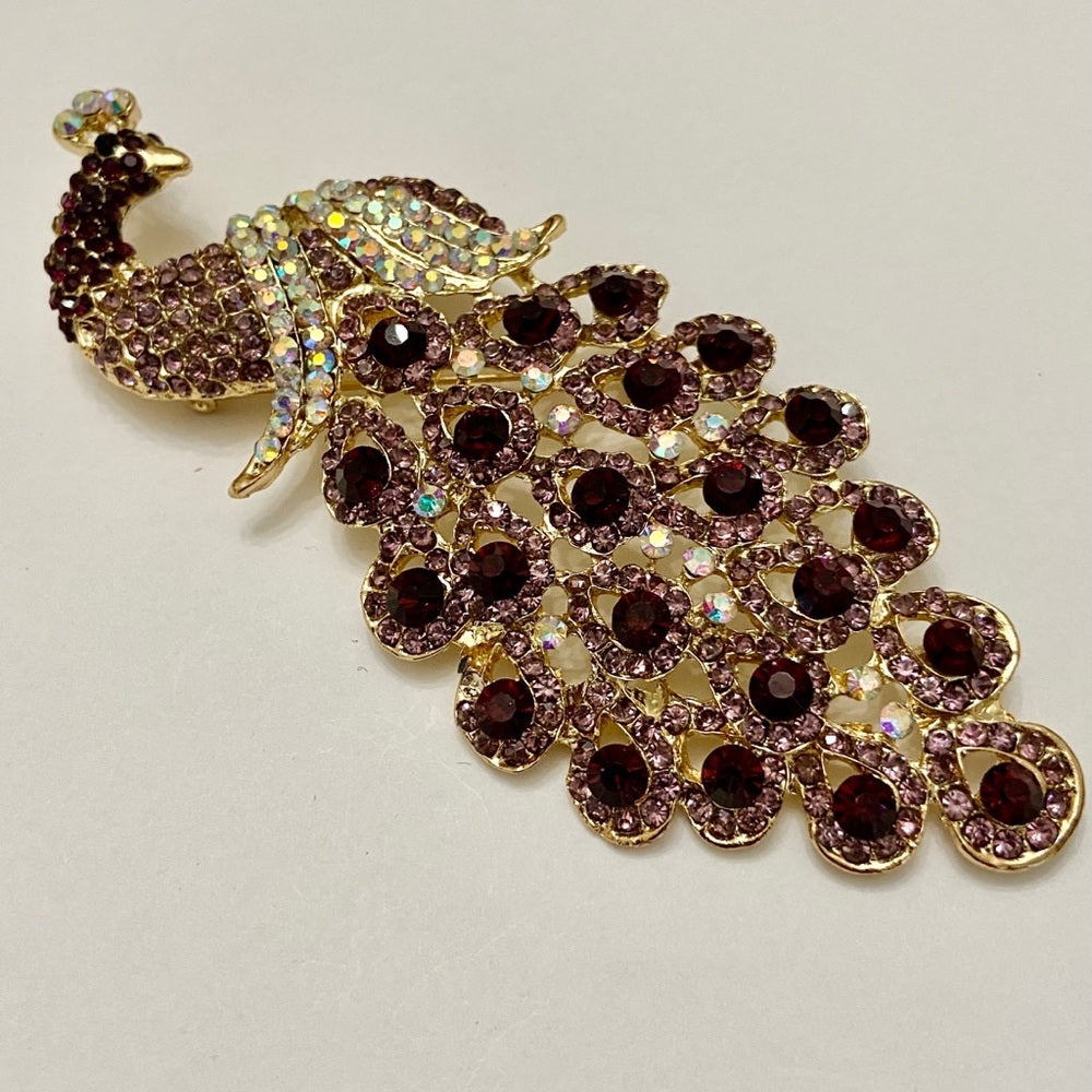 Elegant Chunky 5in x 2in Purple Rhinestone Peacock Brooch-Pendant