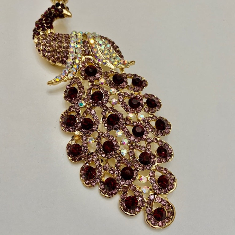 Elegant Chunky 5in x 2in Purple Rhinestone Peacock Brooch-Pendant