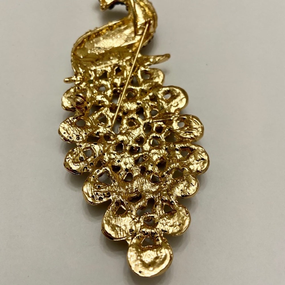 Elegant Chunky 5in x 2in Purple Rhinestone Peacock Brooch-Pendant