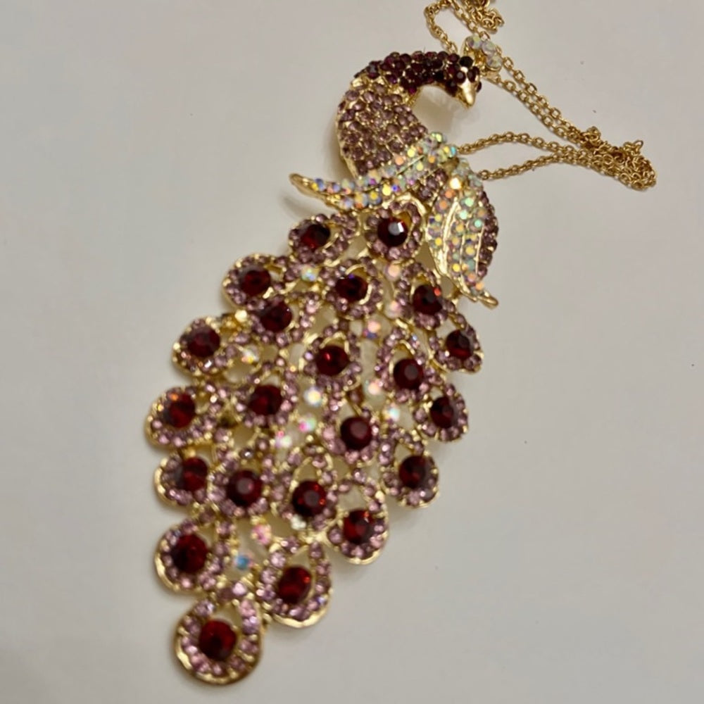 Elegant Chunky 5in x 2in Purple Rhinestone Peacock Brooch-Pendant