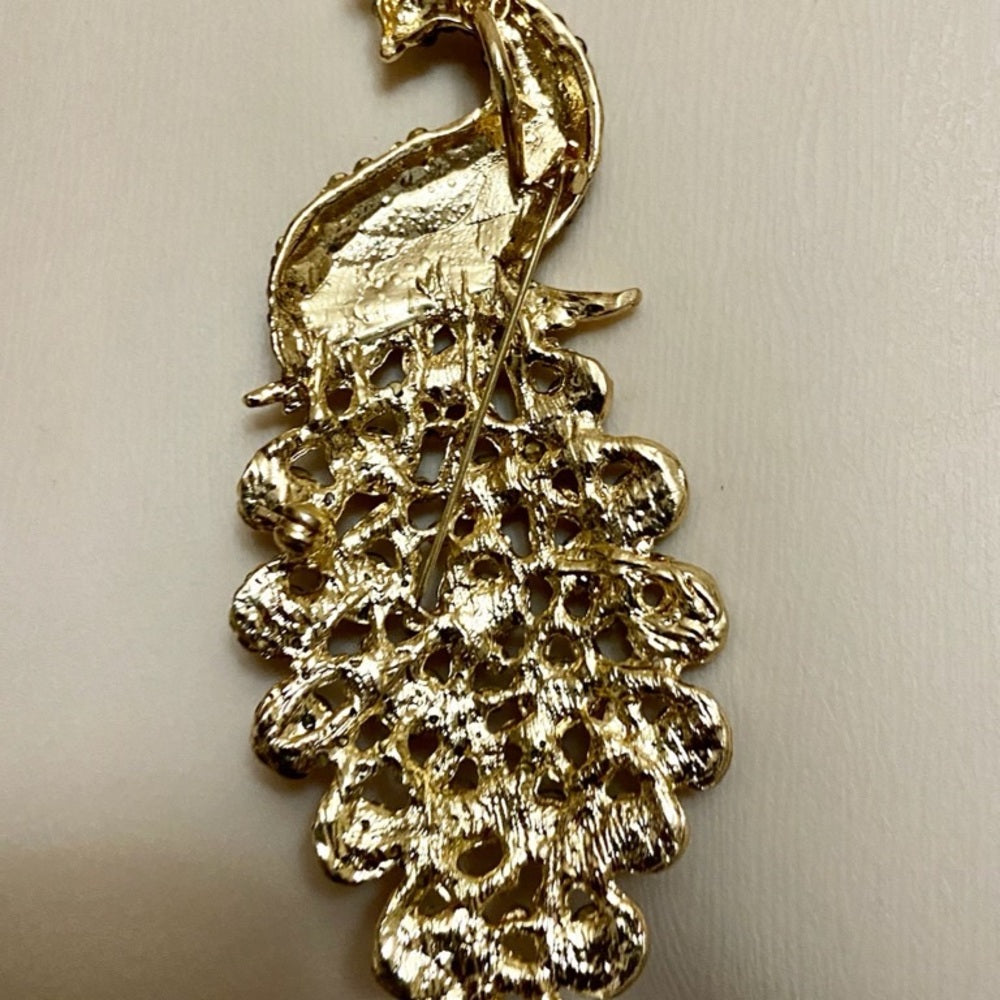 Elegant Chunky 5in x 2in Purple Rhinestone Peacock Brooch-Pendant