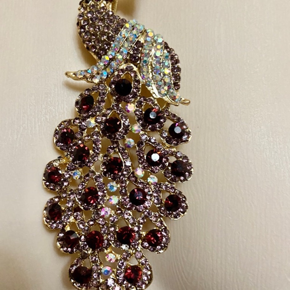 Elegant Chunky 5in x 2in Purple Rhinestone Peacock Brooch-Pendant