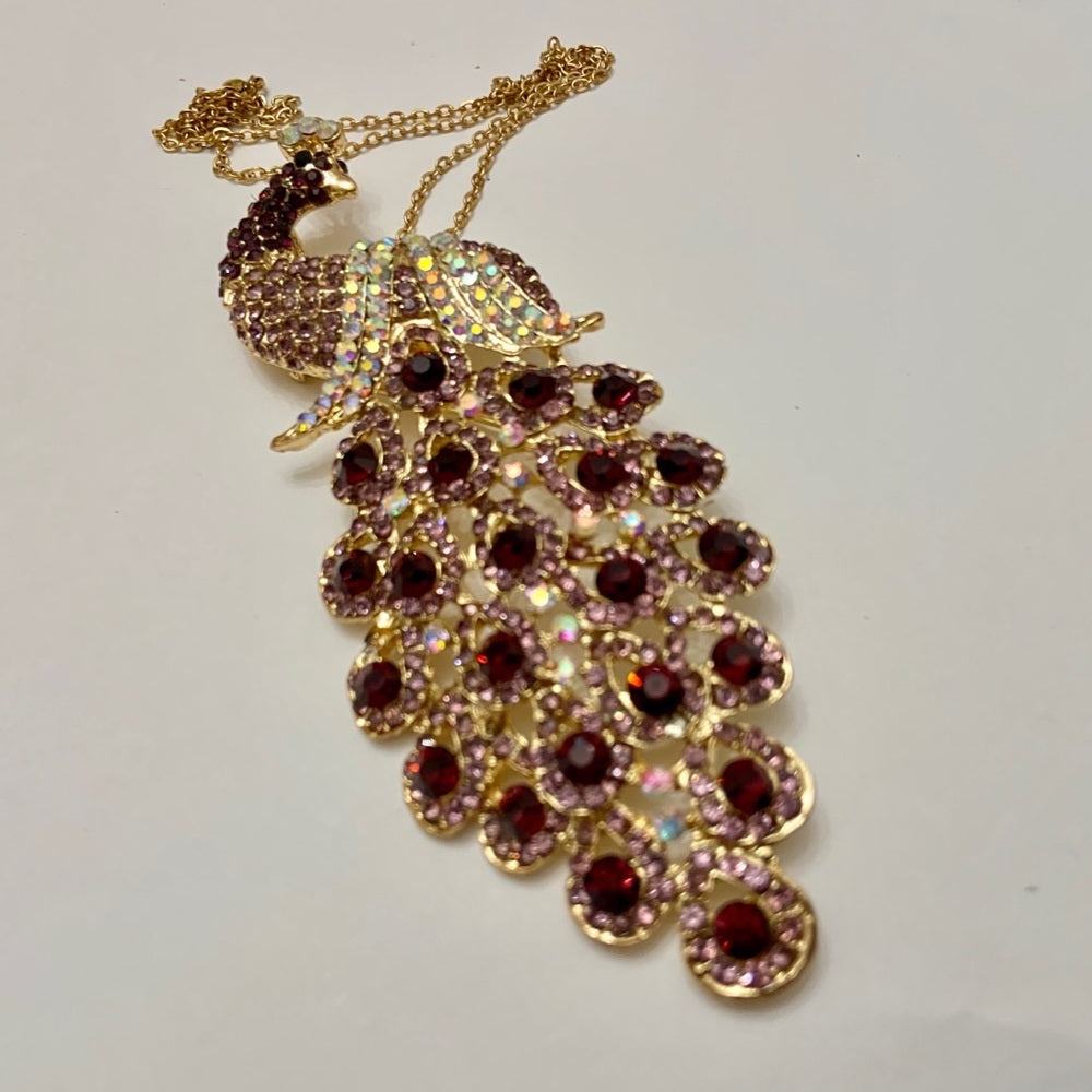 Elegant Chunky 5in x 2in Purple Rhinestone Peacock Brooch-Pendant