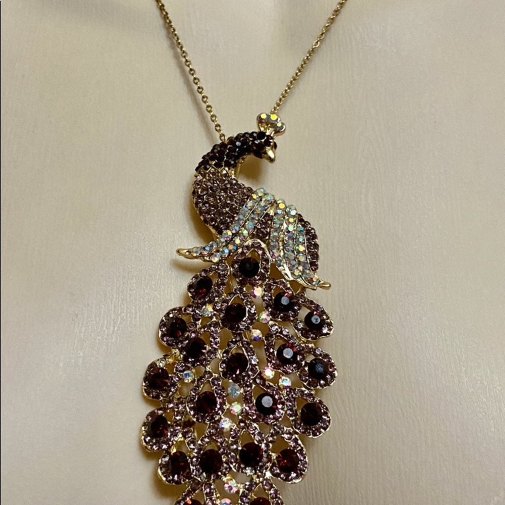 Elegant Chunky 5in x 2in Purple Rhinestone Peacock Brooch-Pendant