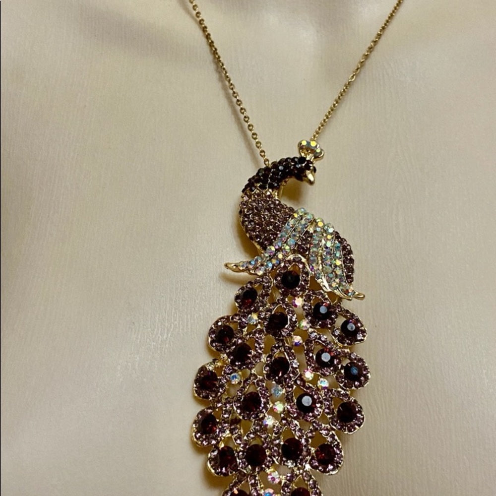 Elegant Chunky 5in x 2in Purple Rhinestone Peacock Brooch-Pendant