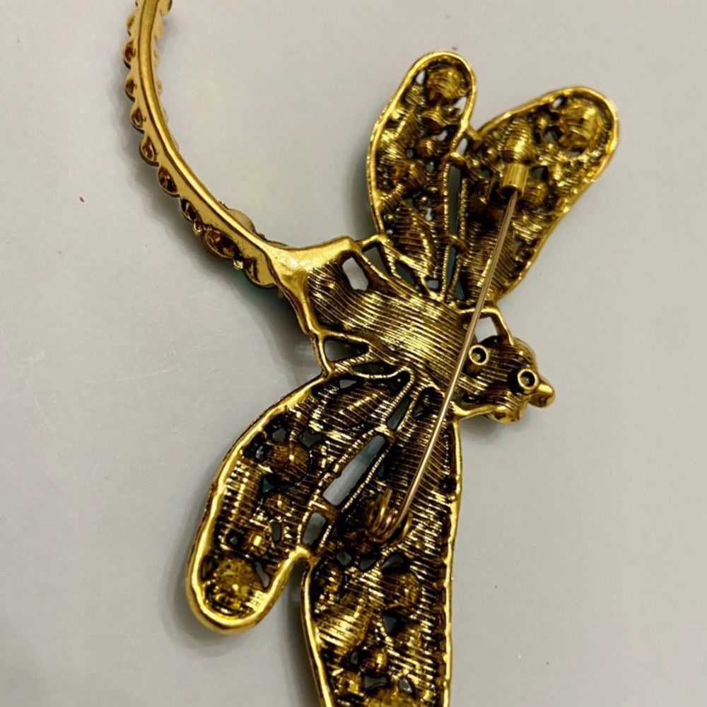 Elegant Chunky 4in x 3in Yellow-Brown Rhinestone Dragonfly Brooch-Pendant