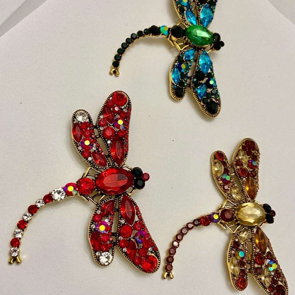 Elegant Chunky 4in x 3in Yellow-Brown Rhinestone Dragonfly Brooch-Pendant