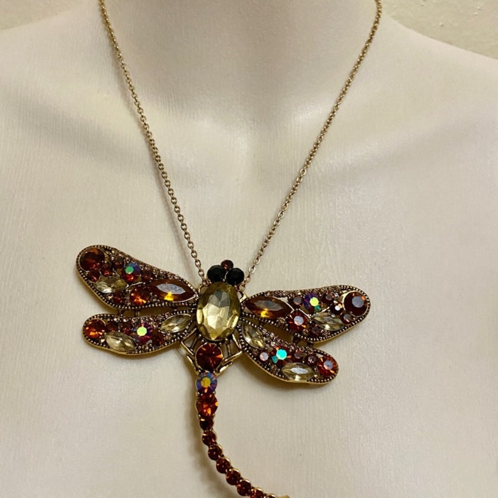 Elegant Chunky 4in x 3in Yellow-Brown Rhinestone Dragonfly Brooch-Pendant