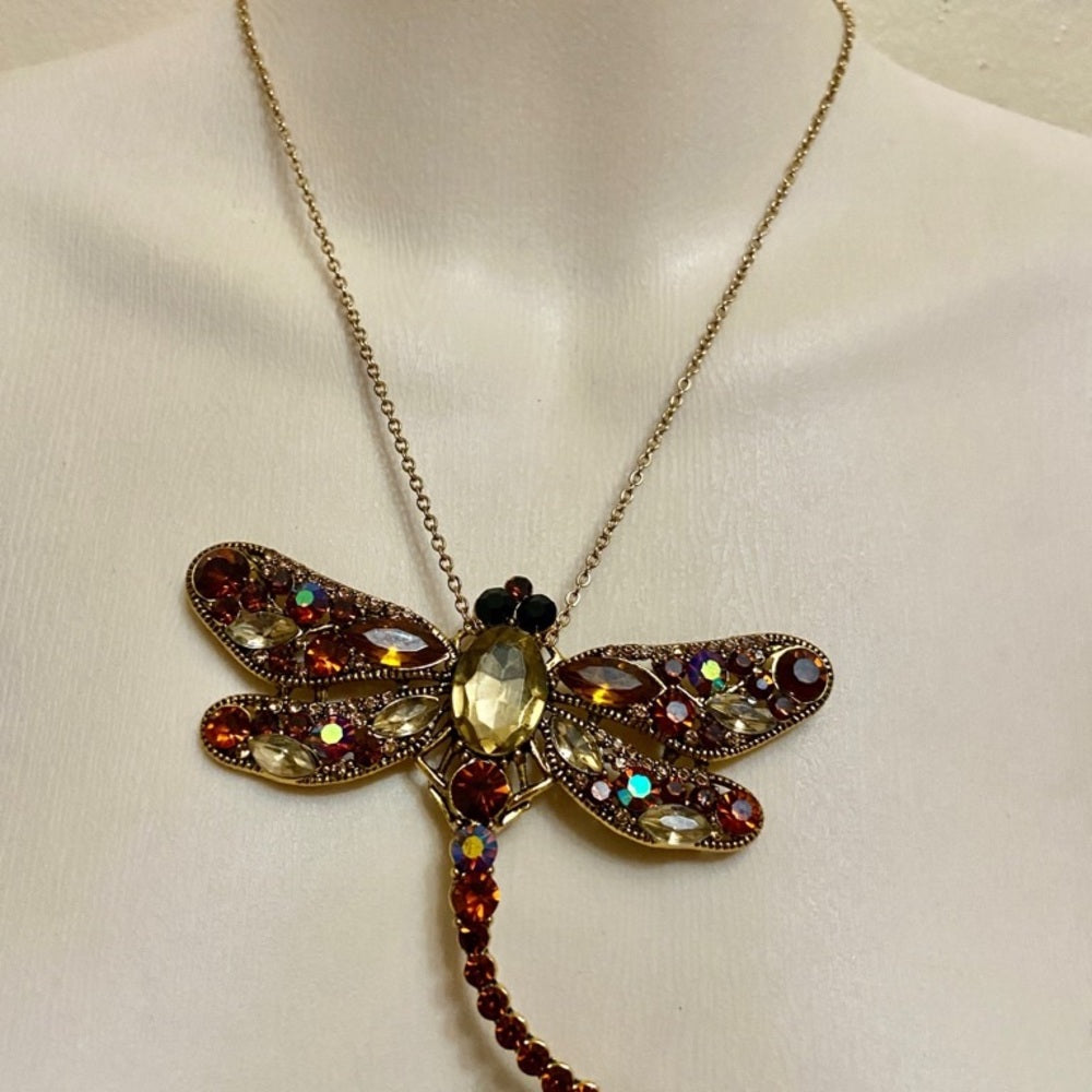 Elegant Chunky 4in x 3in Yellow-Brown Rhinestone Dragonfly Brooch-Pendant