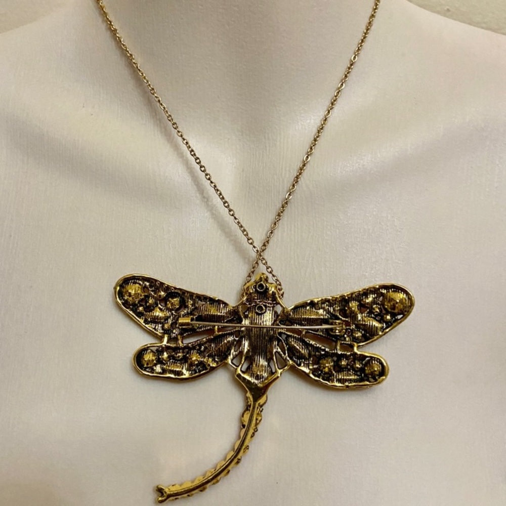 Elegant Chunky 4in x 3in Yellow-Brown Rhinestone Dragonfly Brooch-Pendant