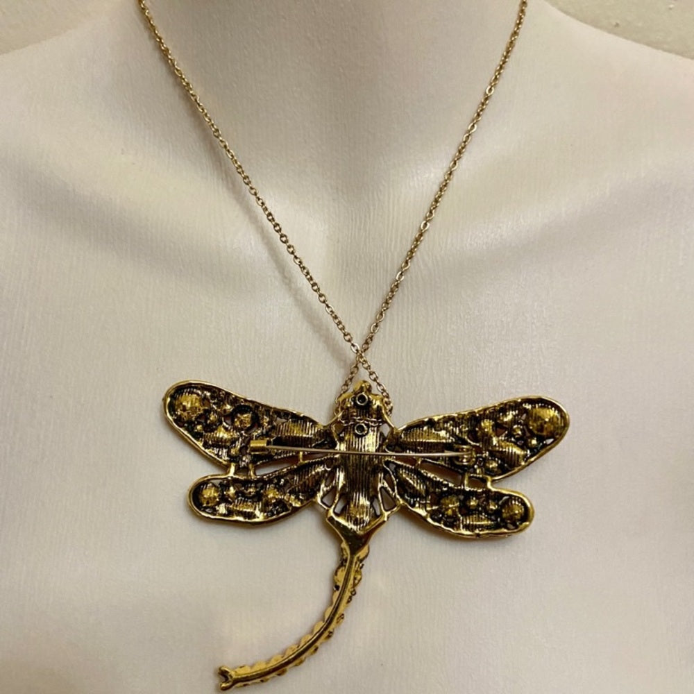 Elegant Chunky 4in x 3in Yellow-Brown Rhinestone Dragonfly Brooch-Pendant
