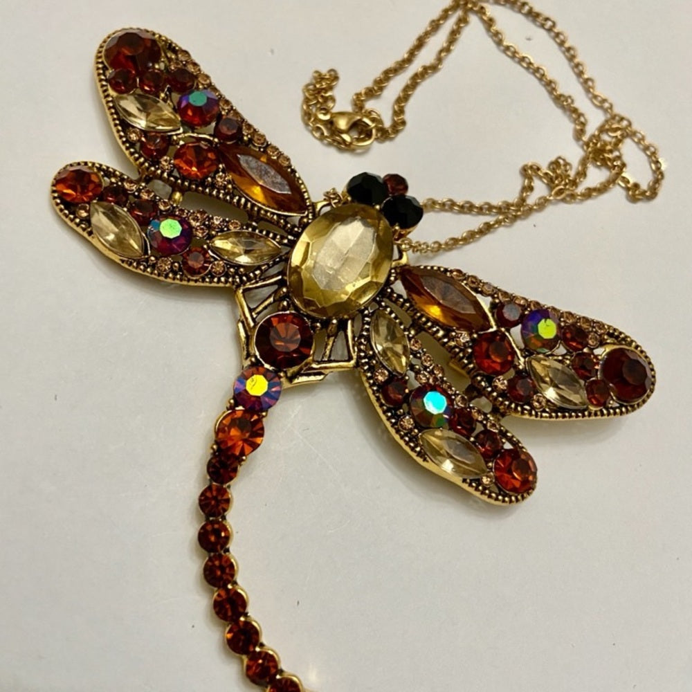 Elegant Chunky 4in x 3in Yellow-Brown Rhinestone Dragonfly Brooch-Pendant