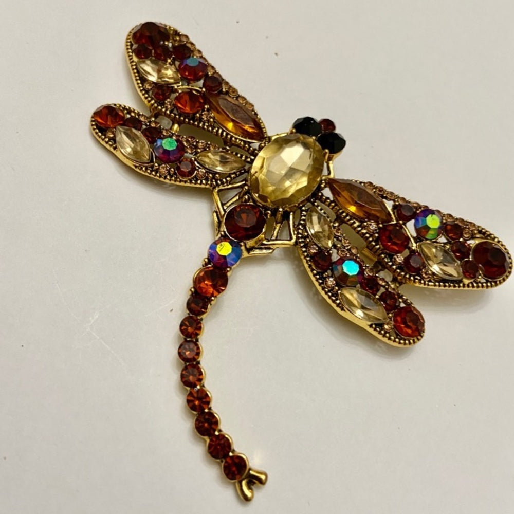 Elegant Chunky 4in x 3in Yellow-Brown Rhinestone Dragonfly Brooch-Pendant