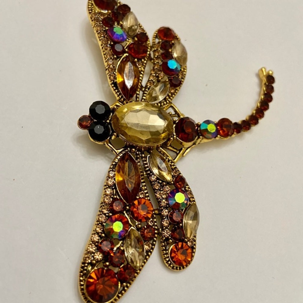 Elegant Chunky 4in x 3in Yellow-Brown Rhinestone Dragonfly Brooch-Pendant