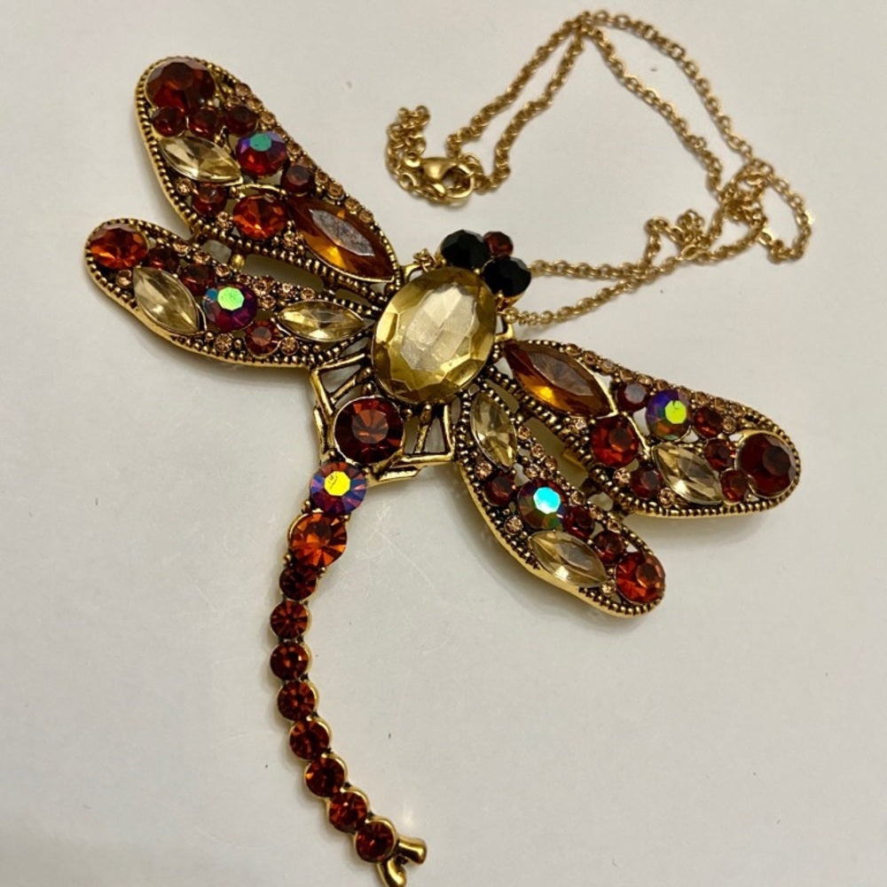 Elegant Chunky 4in x 3in Yellow-Brown Rhinestone Dragonfly Brooch-Pendant
