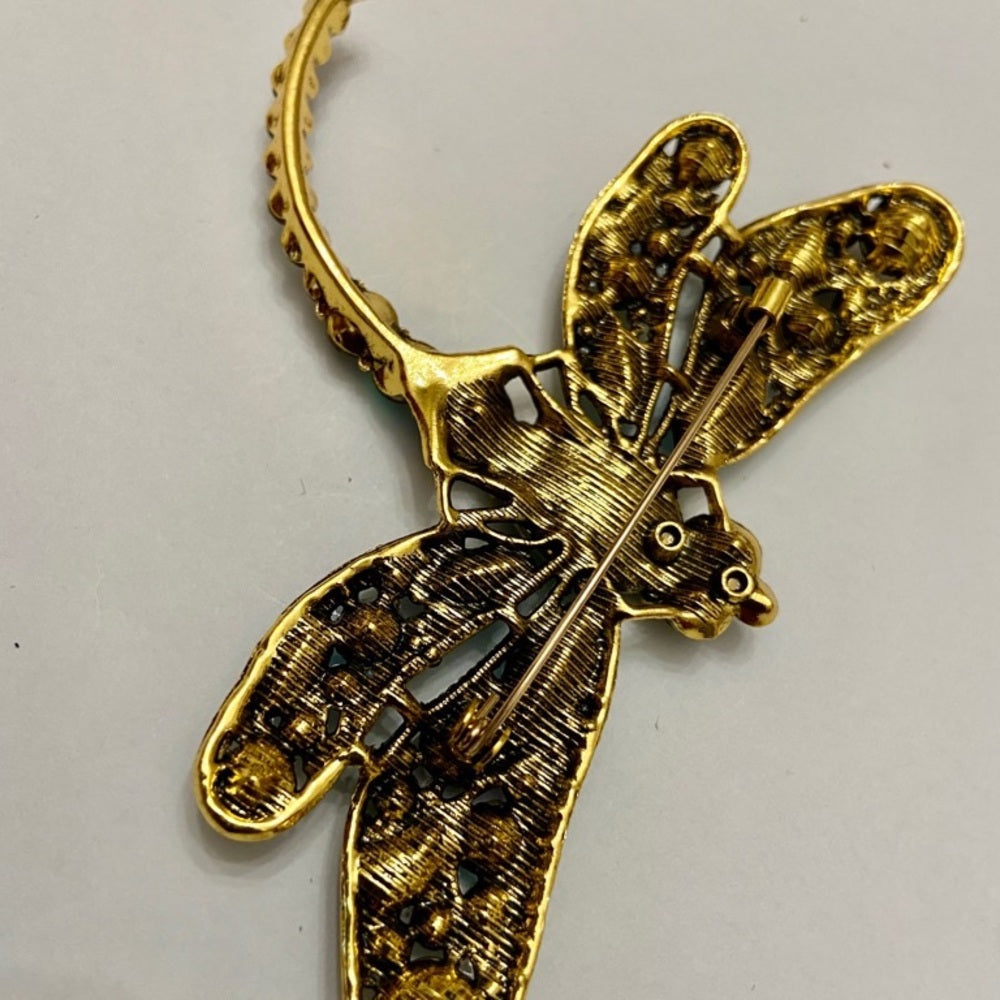 Elegant Chunky 4in x 3in Yellow-Brown Rhinestone Dragonfly Brooch-Pendant
