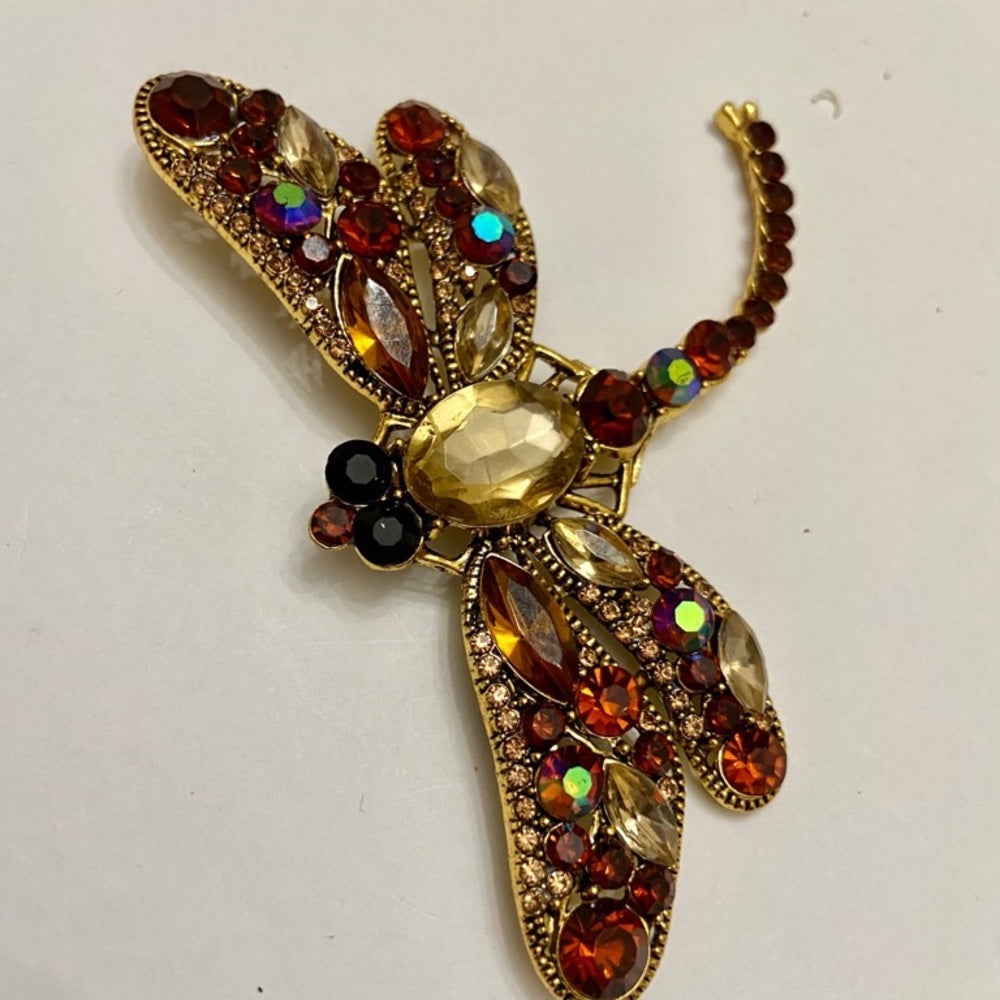 Elegant Chunky 4in x 3in Yellow-Brown Rhinestone Dragonfly Brooch-Pendant