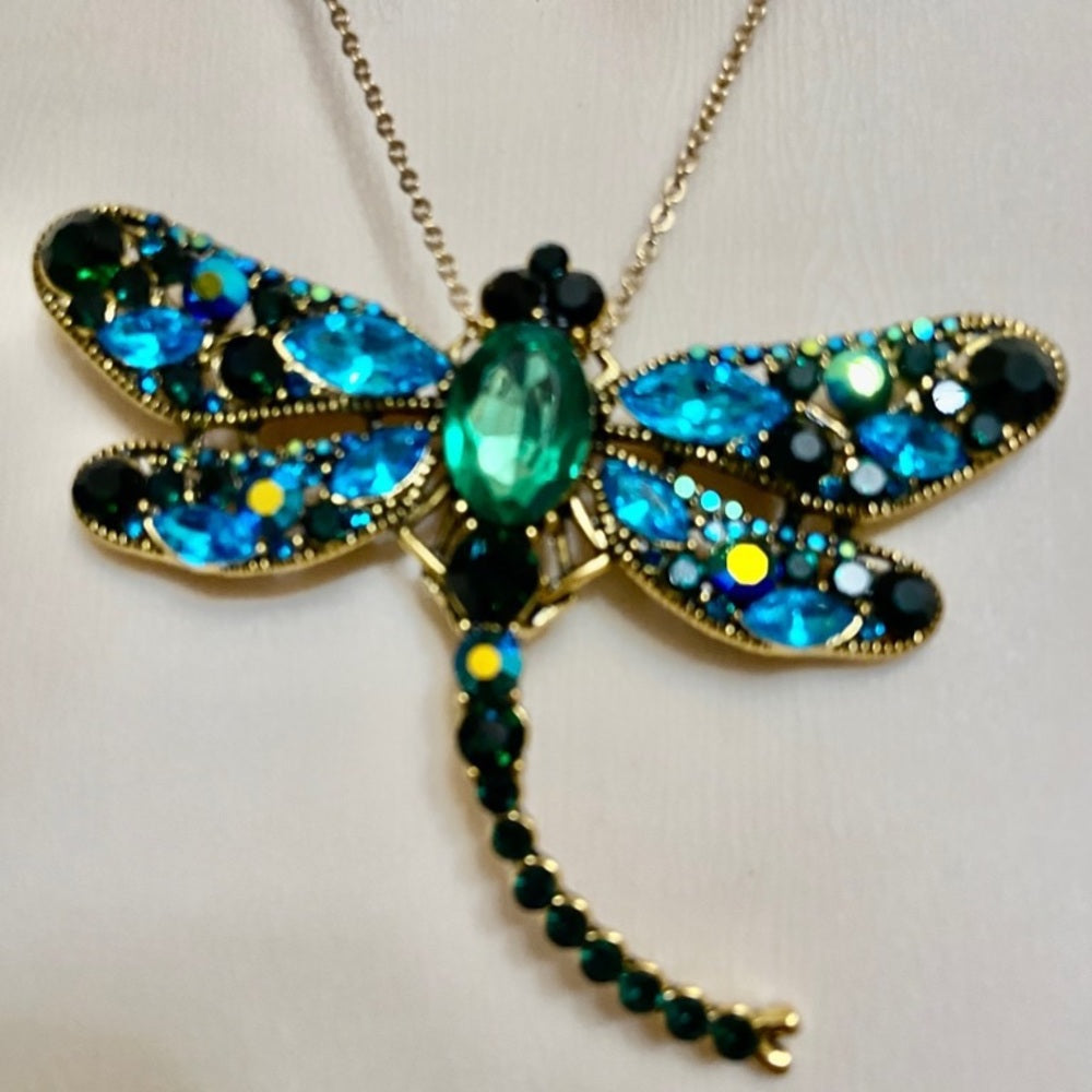 Elegant Chunky 4in x 3in Blue- Green Rhinestone Dragonfly Brooch-Pendant