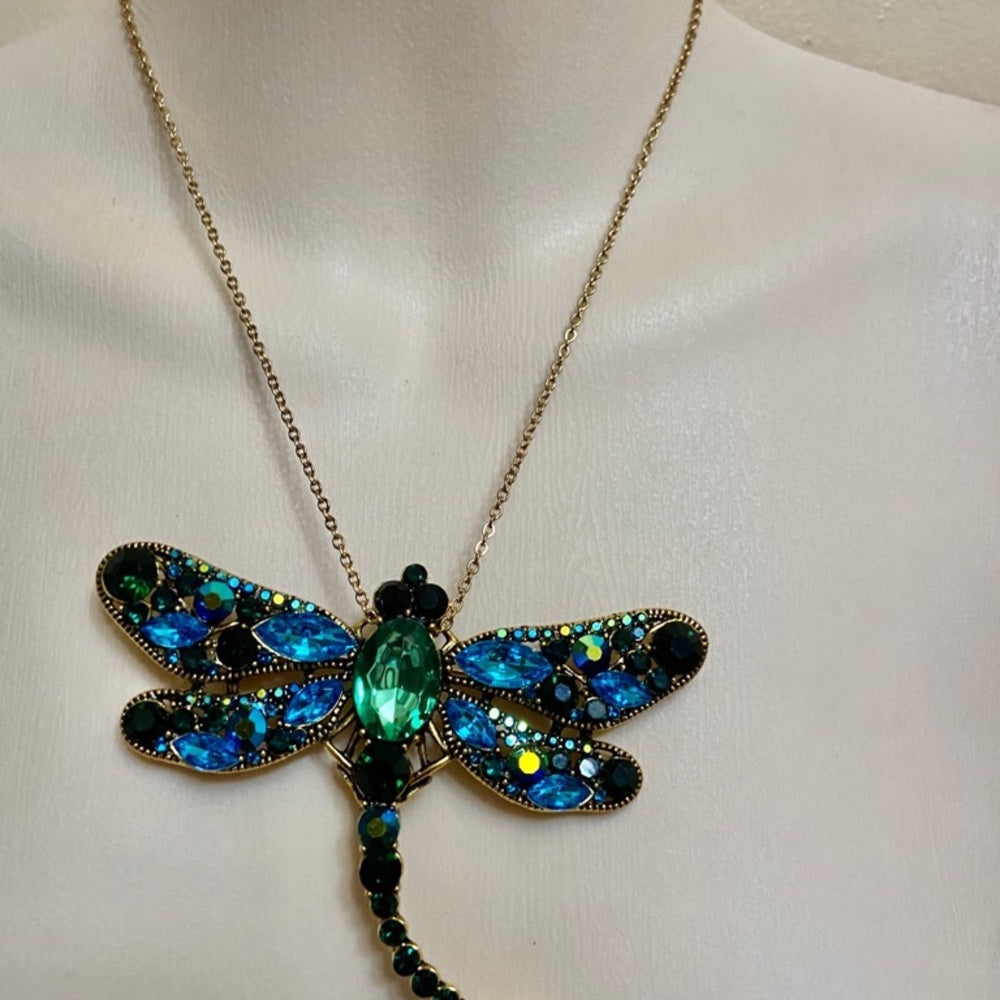 Elegant Chunky 4in x 3in Blue- Green Rhinestone Dragonfly Brooch-Pendant