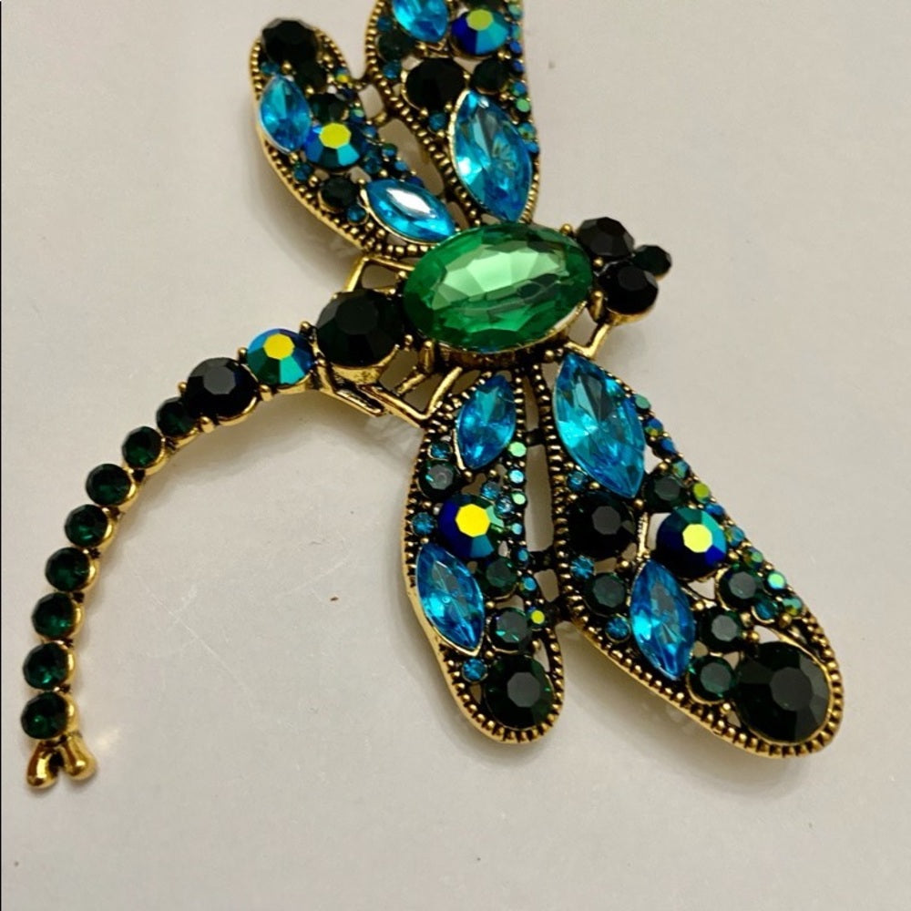 Elegant Chunky 4in x 3in Blue- Green Rhinestone Dragonfly Brooch-Pendant