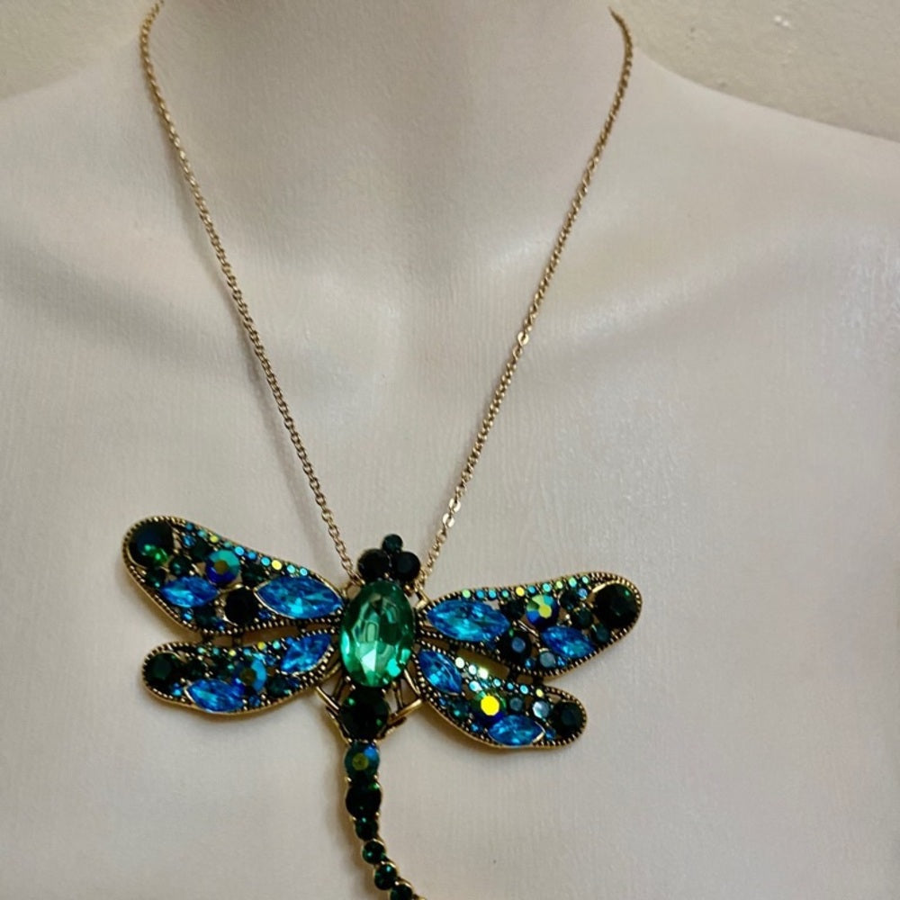 Elegant Chunky 4in x 3in Blue- Green Rhinestone Dragonfly Brooch-Pendant