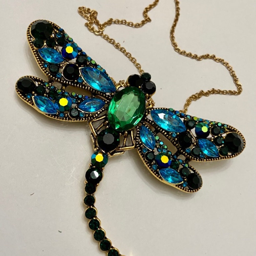 Elegant Chunky 4in x 3in Blue- Green Rhinestone Dragonfly Brooch-Pendant