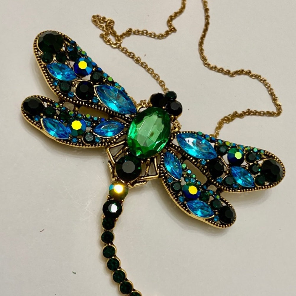 Elegant Chunky 4in x 3in Blue- Green Rhinestone Dragonfly Brooch-Pendant