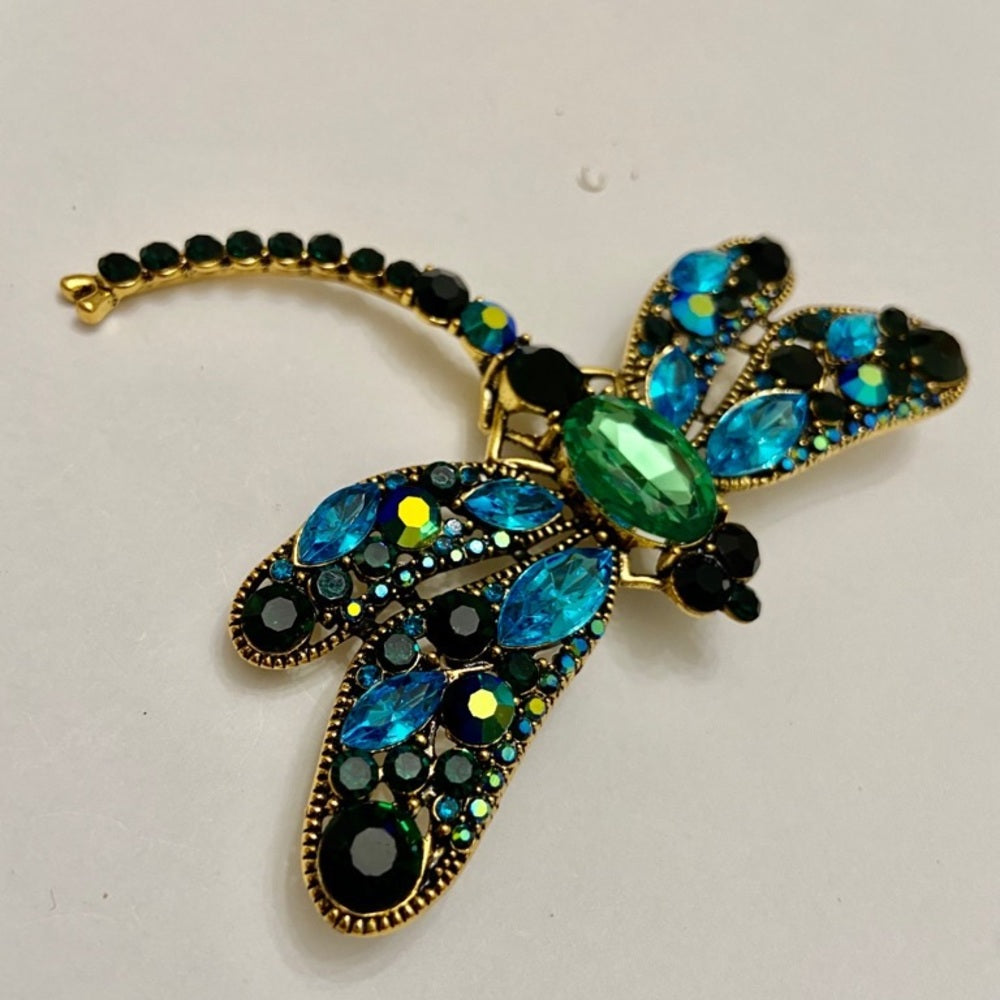 Elegant Chunky 4in x 3in Blue- Green Rhinestone Dragonfly Brooch-Pendant