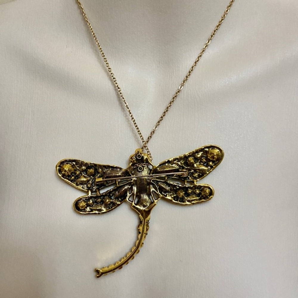 Elegant Chunky 4in x 3in Blue- Green Rhinestone Dragonfly Brooch-Pendant