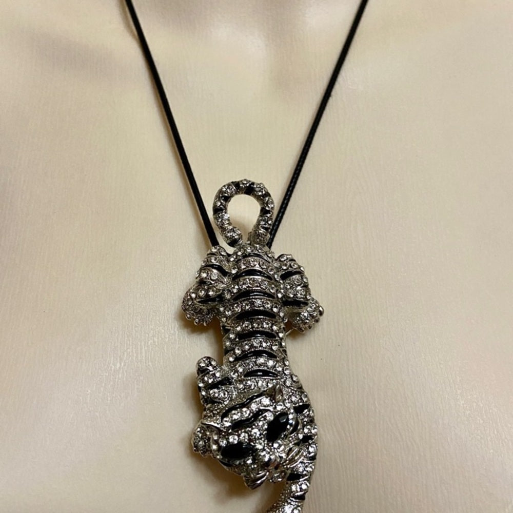 Elegant Chunky 4in x 2in clear and Black Rhinestone Tiger Brooch-Pendant