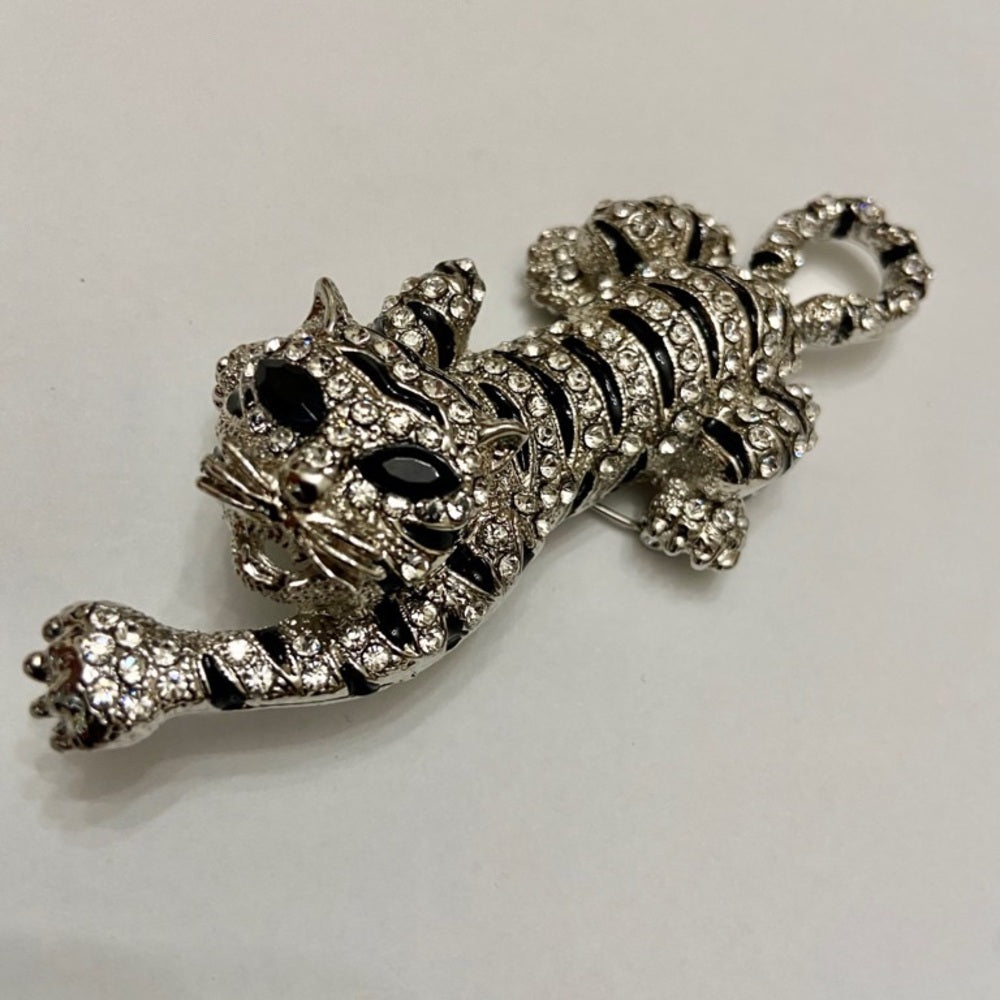 Elegant Chunky 4in x 2in clear and Black Rhinestone Tiger Brooch-Pendant