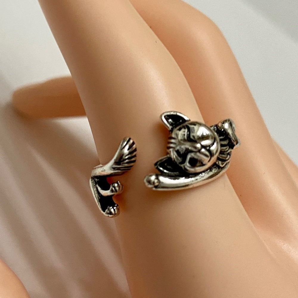 Custom Made Cat Hugger Silver Tone Ring
