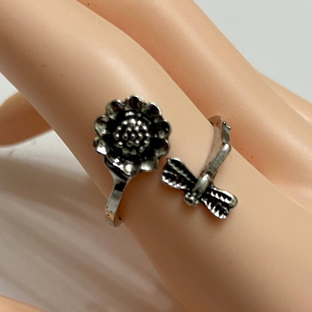 Custom Made Sunflower and Dragonfly Silver Tone Ring